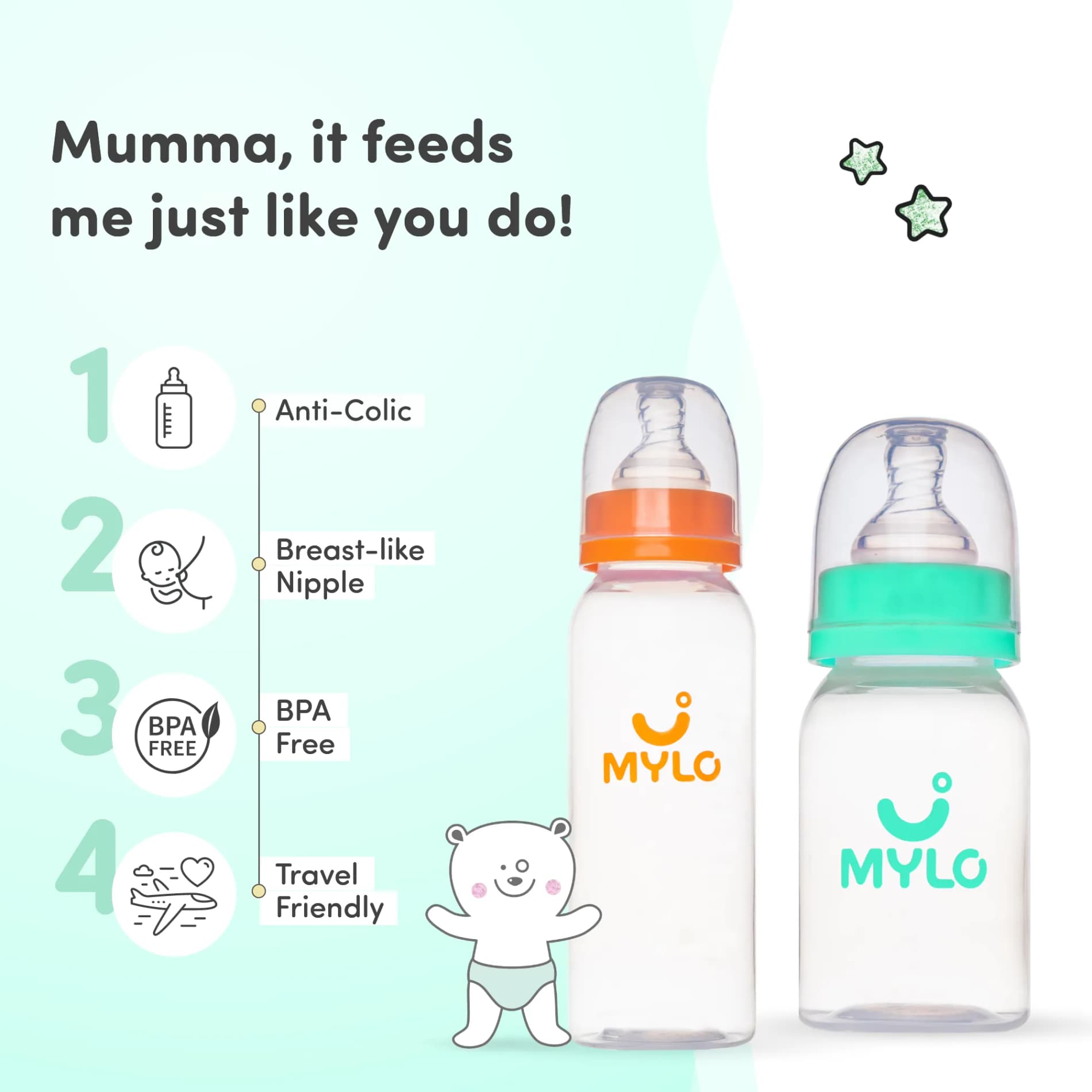 2-in-1 Baby Feeding Bottle | BPA Free with Anti-Colic Nipple | Easy Flow Neck Design - Green & Orange 125ml & 250ml