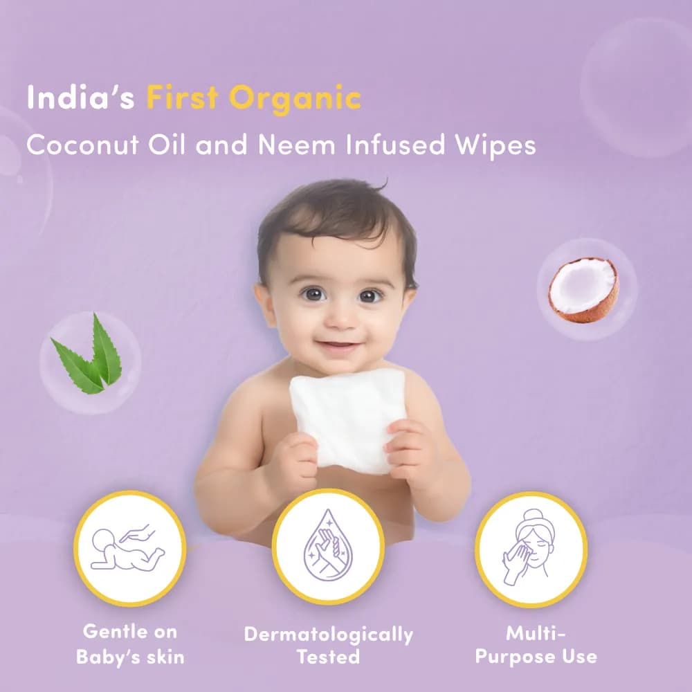 Gentle Baby Wipes With Lid - Organic Coconut Oil, Neem, Aloe Vera and Vitamin E | 98% Pure Water | Dermatologically Tested (Pack of 9) - 72 Wipes Per Pack