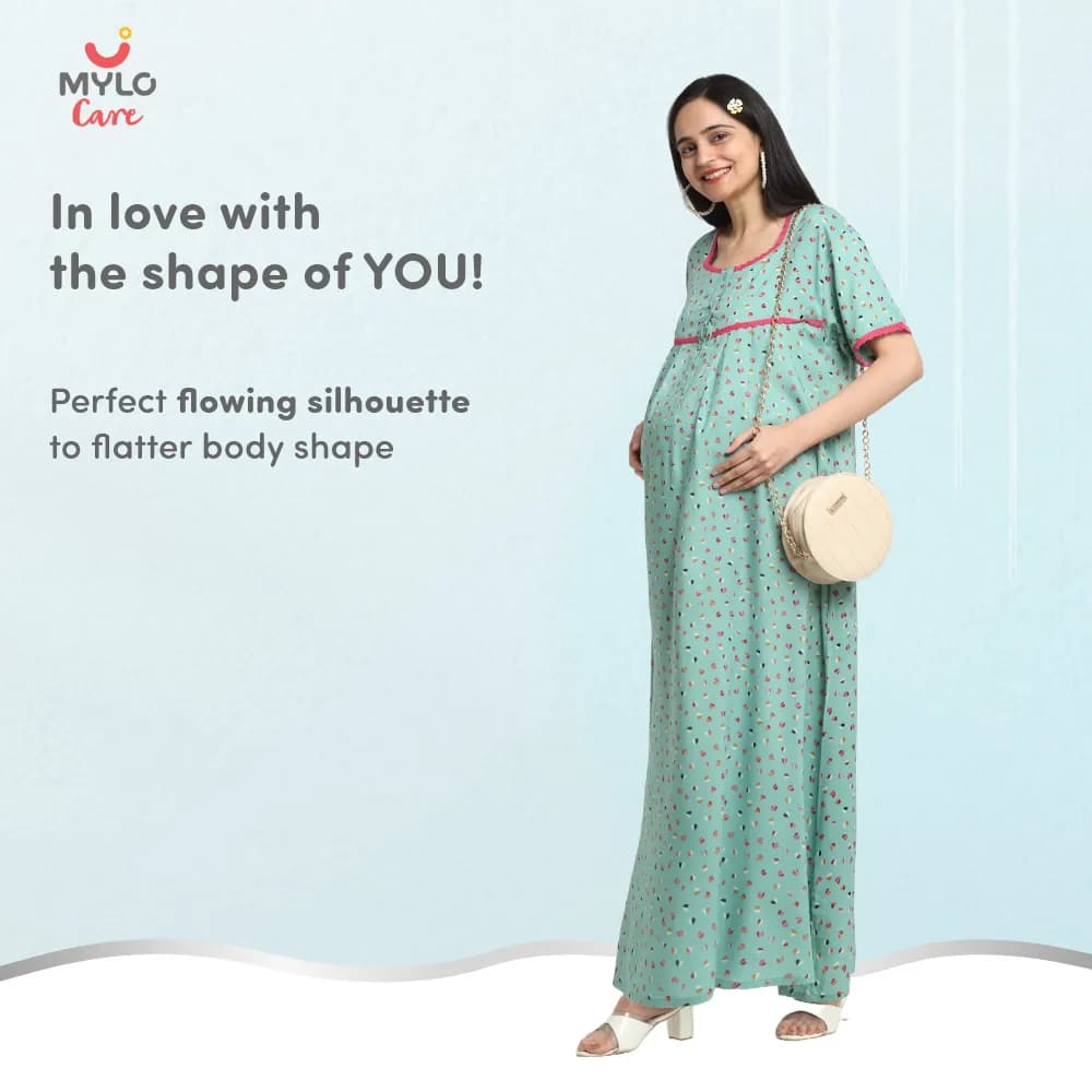 Maternity Dresses For Women with Both Side Zipper For Easy Feeding | Adjustable Belt for Growing Belly | Maxi Dress | Little Hearts - Sea Green | M