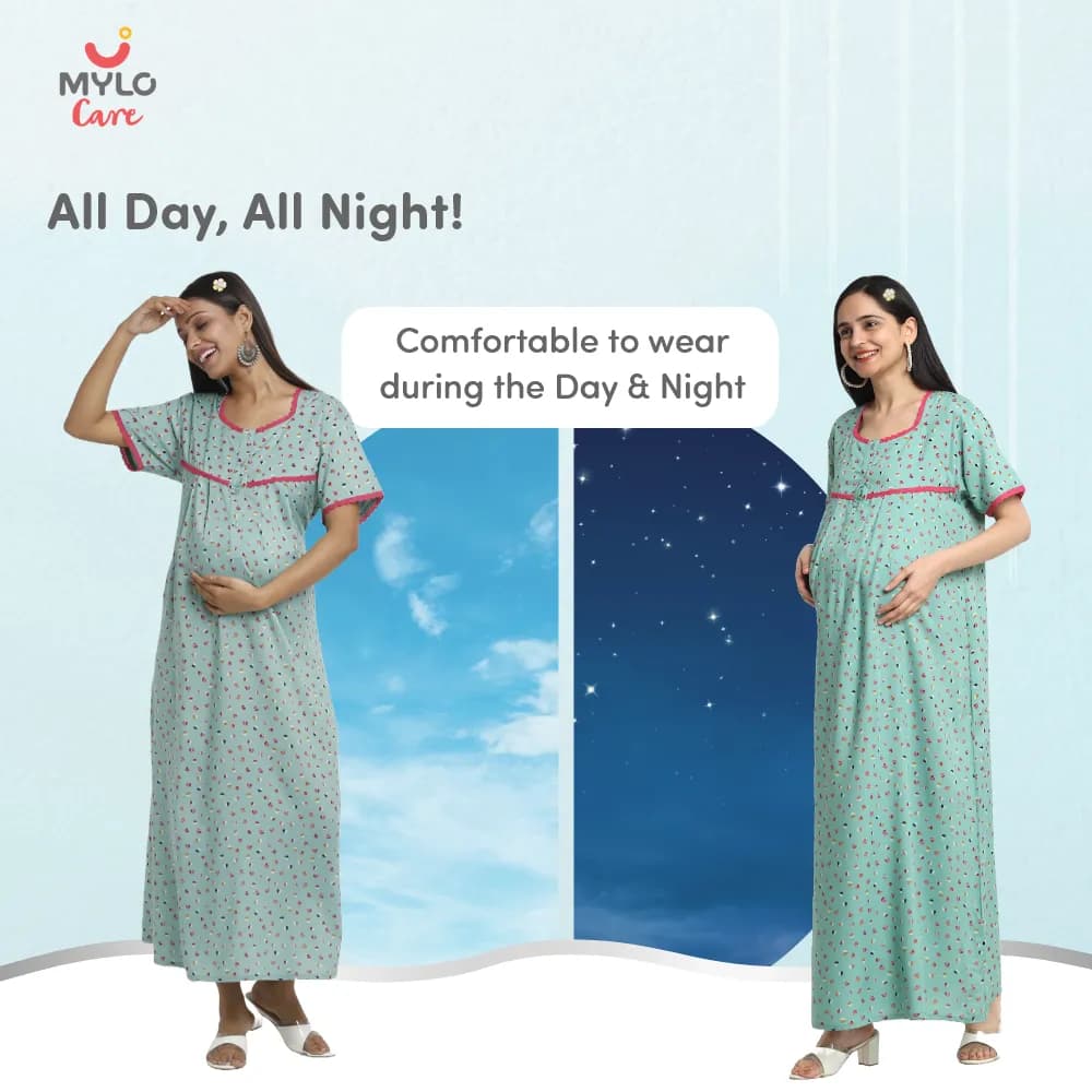 Maternity Dresses For Women with Both Side Zipper For Easy Feeding | Adjustable Belt for Growing Belly | Maxi Dress | Little Hearts - Sea Green | M