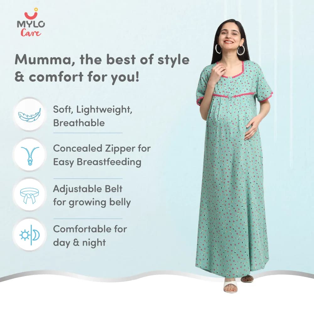 Maternity Dresses For Women with Both Side Zipper For Easy Feeding | Adjustable Belt for Growing Belly | Maxi Dress | Little Hearts - Sea Green | L