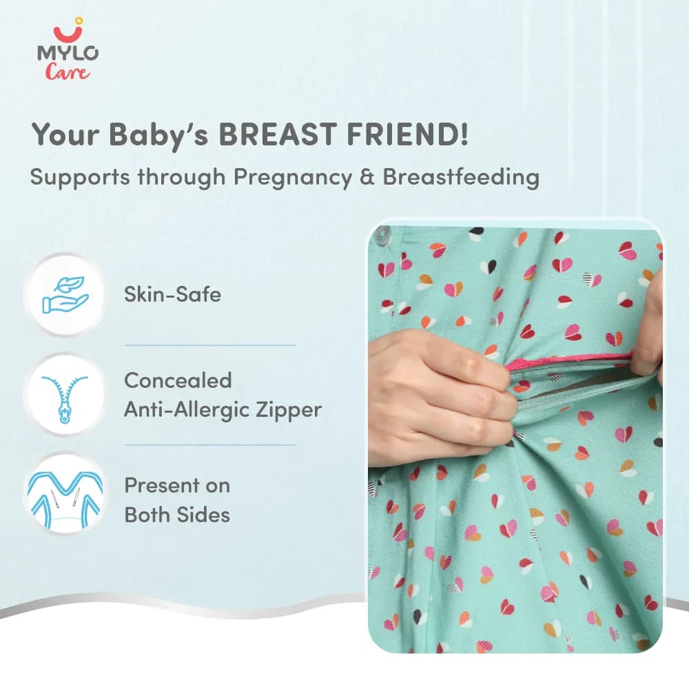 Maternity Dresses For Women with Both Side Zipper For Easy Feeding | Adjustable Belt for Growing Belly | Maxi Dress | Little Hearts - Sea Green | L