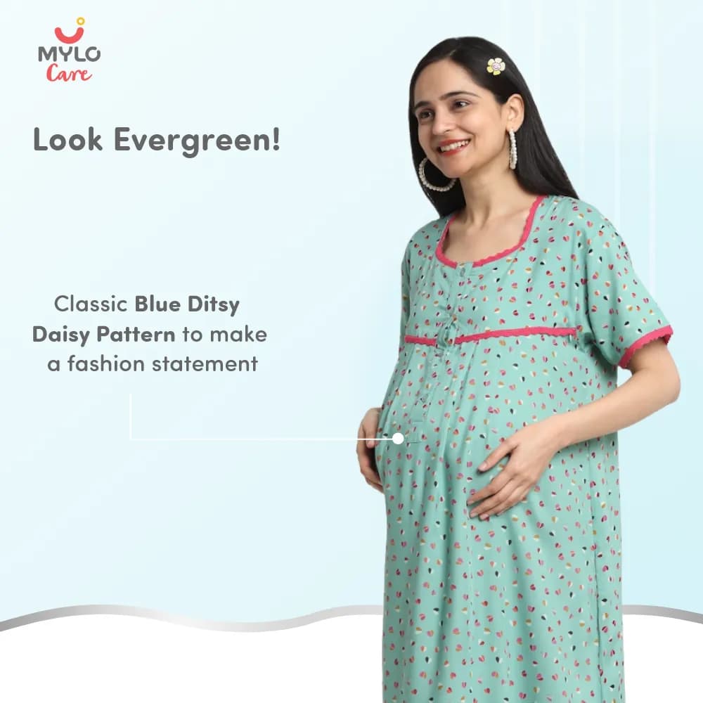 Maternity Dresses For Women with Both Side Zipper For Easy Feeding | Adjustable Belt for Growing Belly | Maxi Dress | Little Hearts - Sea Green | L