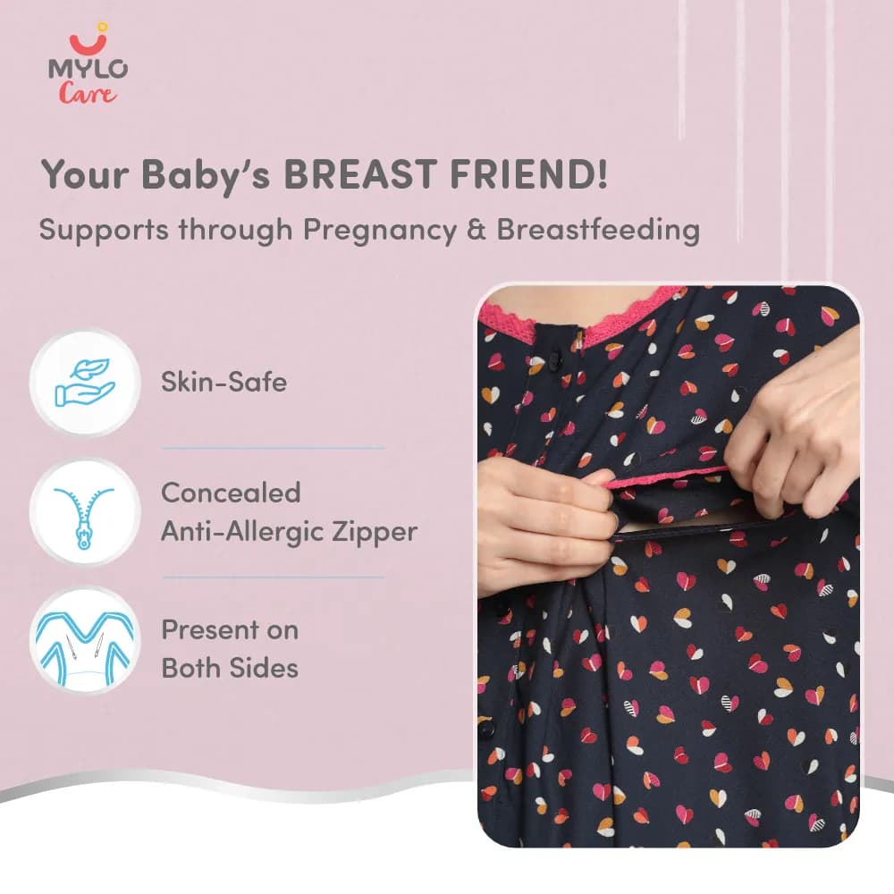 Maternity Dresses For Women with Both Side Zipper For Easy Feeding | Adjustable Belt for Growing Belly | Maxi Dress | Little Hearts - Navy | M
