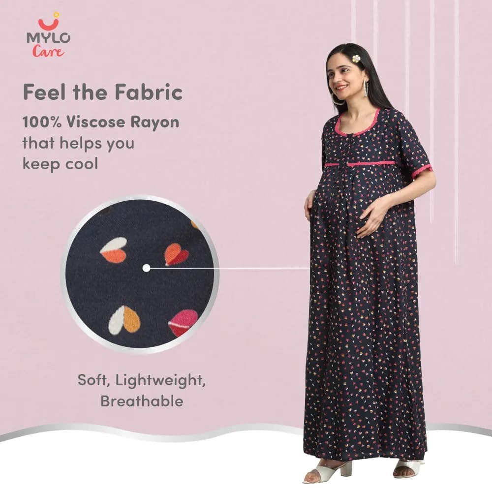 Maternity Dresses For Women with Both Side Zipper For Easy Feeding | Adjustable Belt for Growing Belly | Maxi Dress | Little Hearts - Navy | M