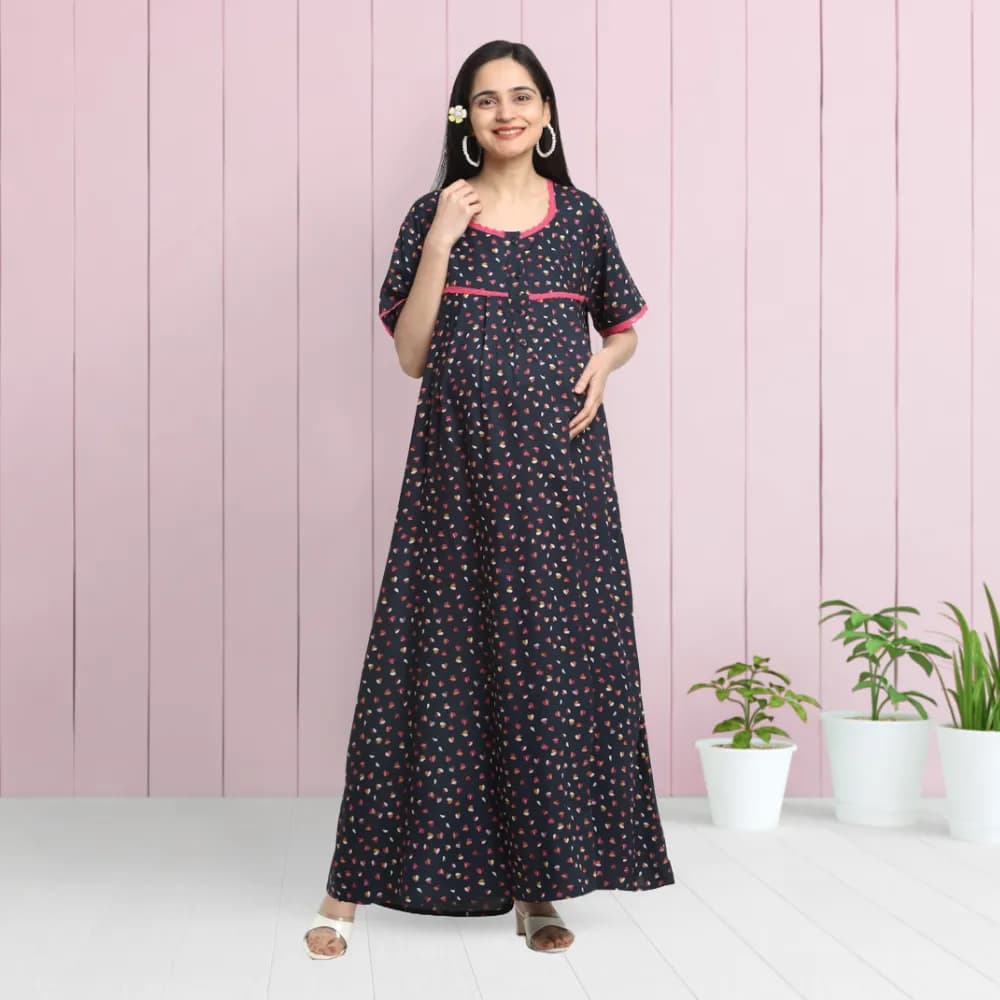 Maternity Maxi Nighty - XXL - Little Hearts - Navy