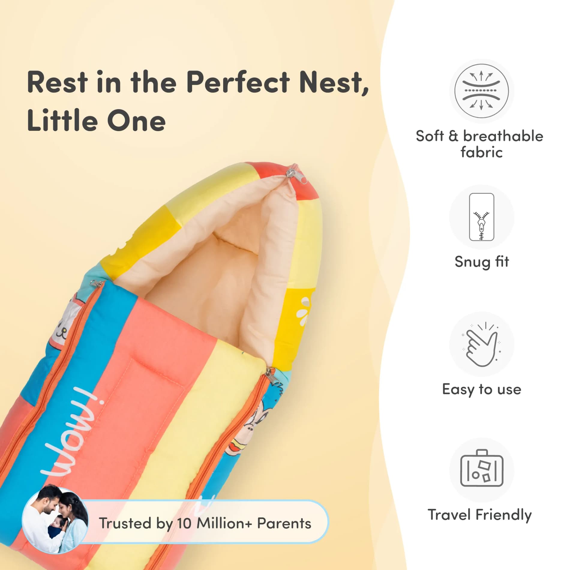 Baby 4–in-1 Soft & Snuggly Baby Sleeping Bag/Baby Carry Nest with 3-way Zip Opening | Soft & Breathable | Head-to-toe comfort - Magical Rainbow
