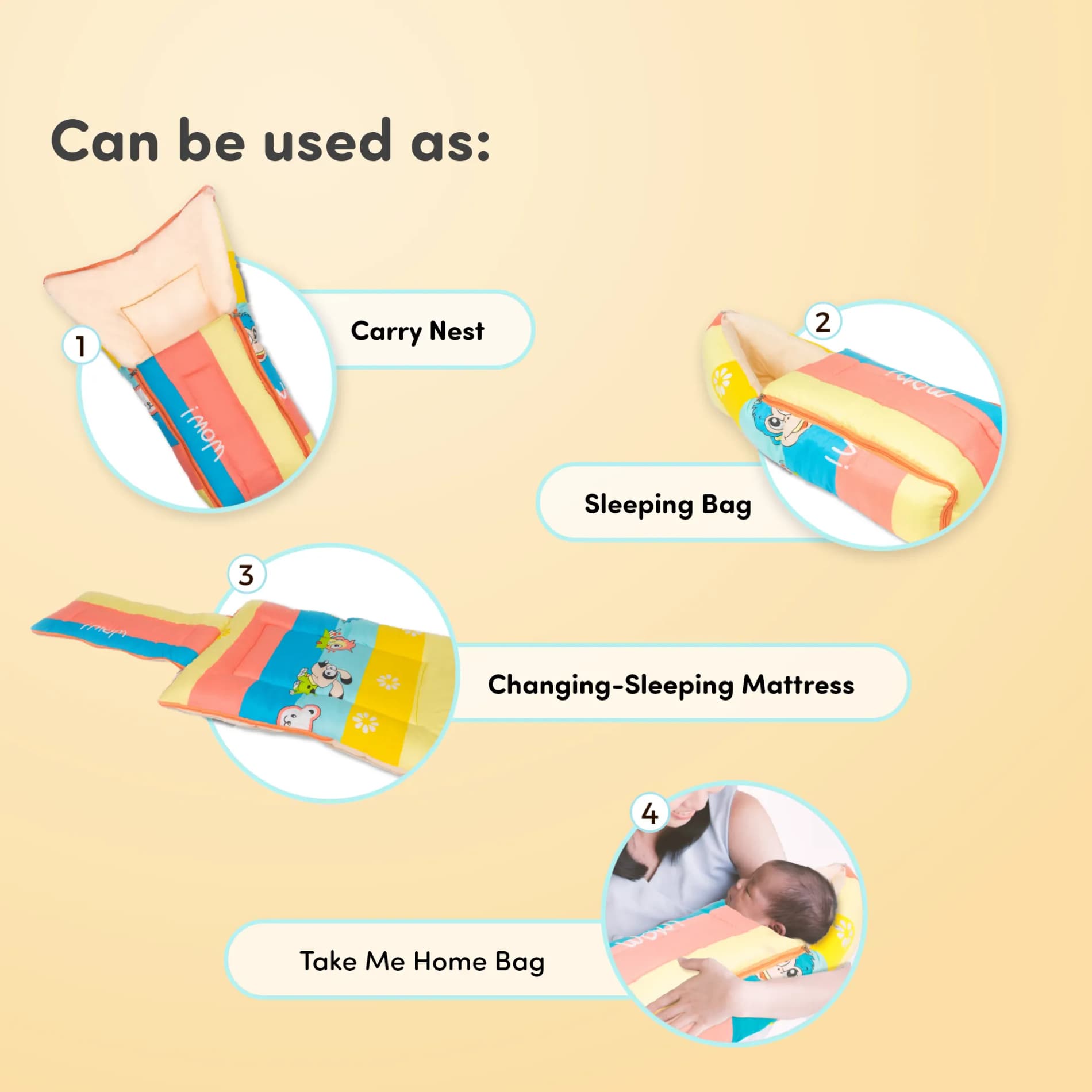 Baby 4–in-1 Soft & Snuggly Baby Sleeping Bag/Baby Carry Nest with 3-way Zip Opening | Soft & Breathable | Head-to-toe comfort - Magical Rainbow