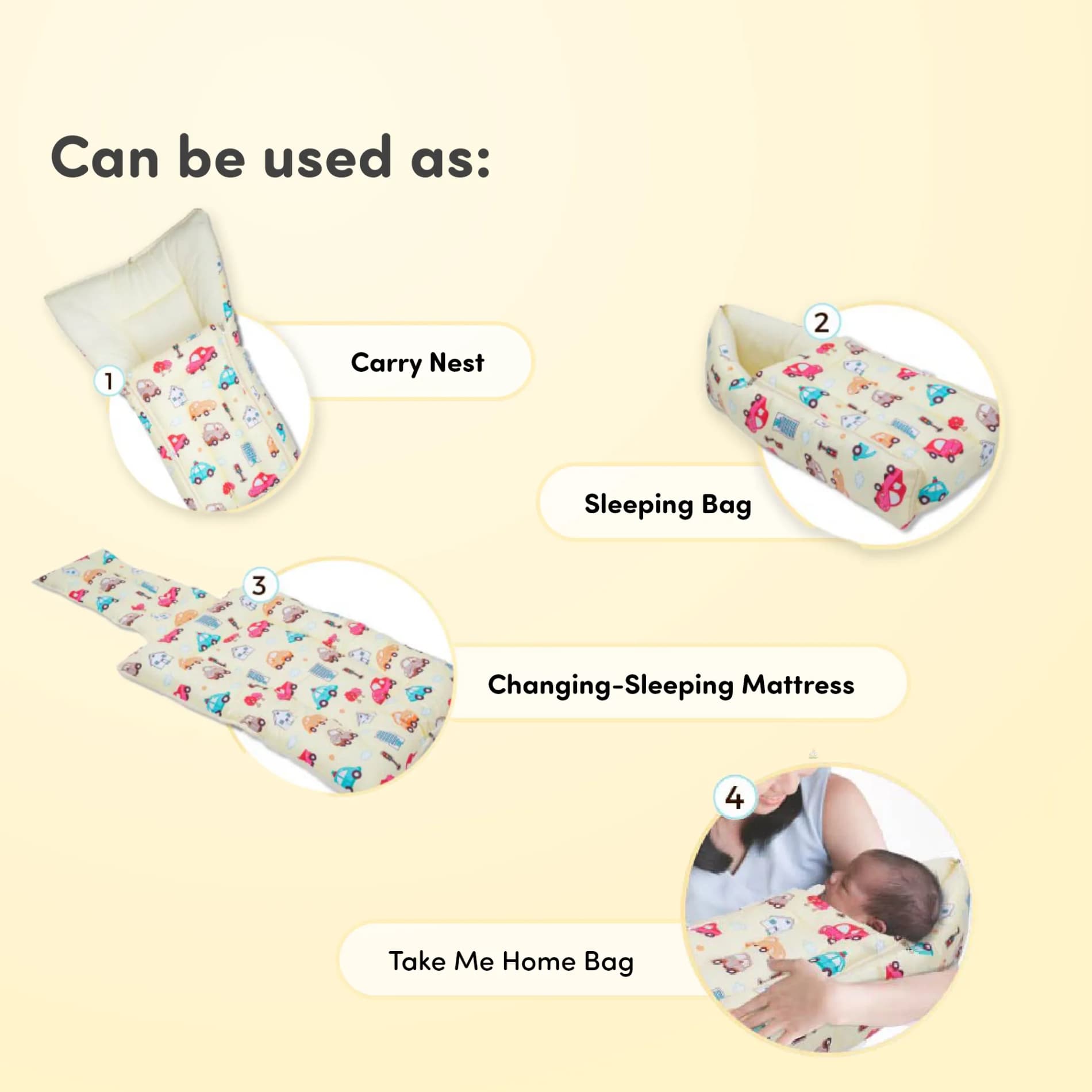 Baby 4–in-1 Soft & Snuggly Baby Sleeping Bag/Baby Carry Nest with 3-way Zip Opening | Soft & Breathable | Head-to-toe comfort - Kids Car