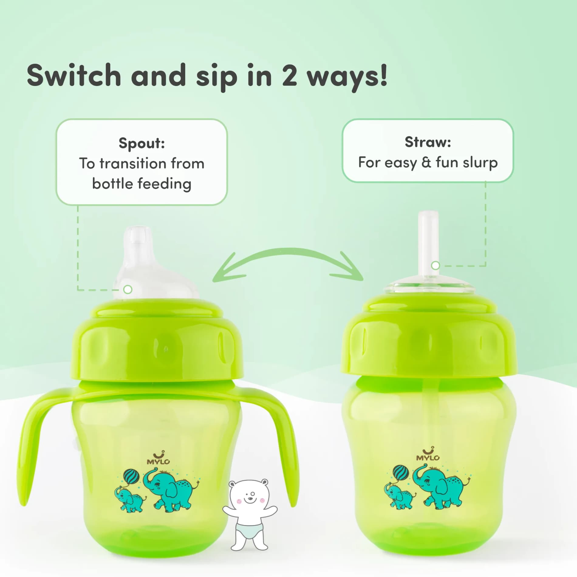 Baby Sipper | 2-in-1 Convertible Sipper with Spout & Straw | Sipper Bottle for Kids - 150ml - BPA-Free (Green)