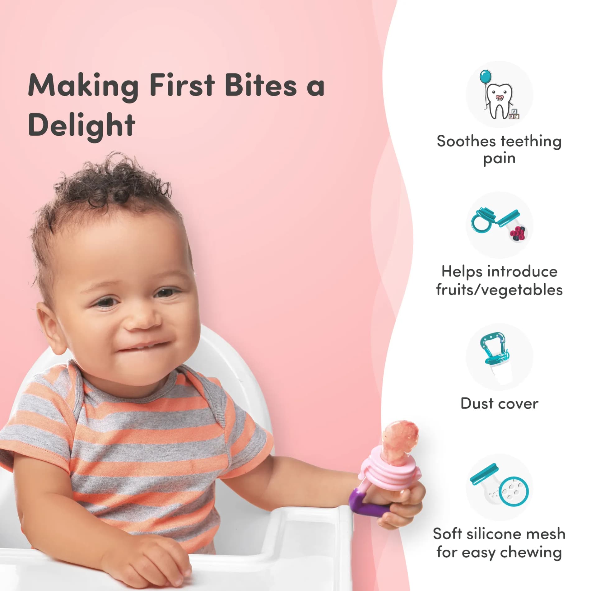 Feels Natural Ultra Soft Fruit & Food Nibbler- Pink | Convenient to Introduce Fruits & Veggies to Baby | Ultra-soft Silicone Mesh for Easy Chewing | Easy One Snap Filling | Helps Relieve Teething Discomfort