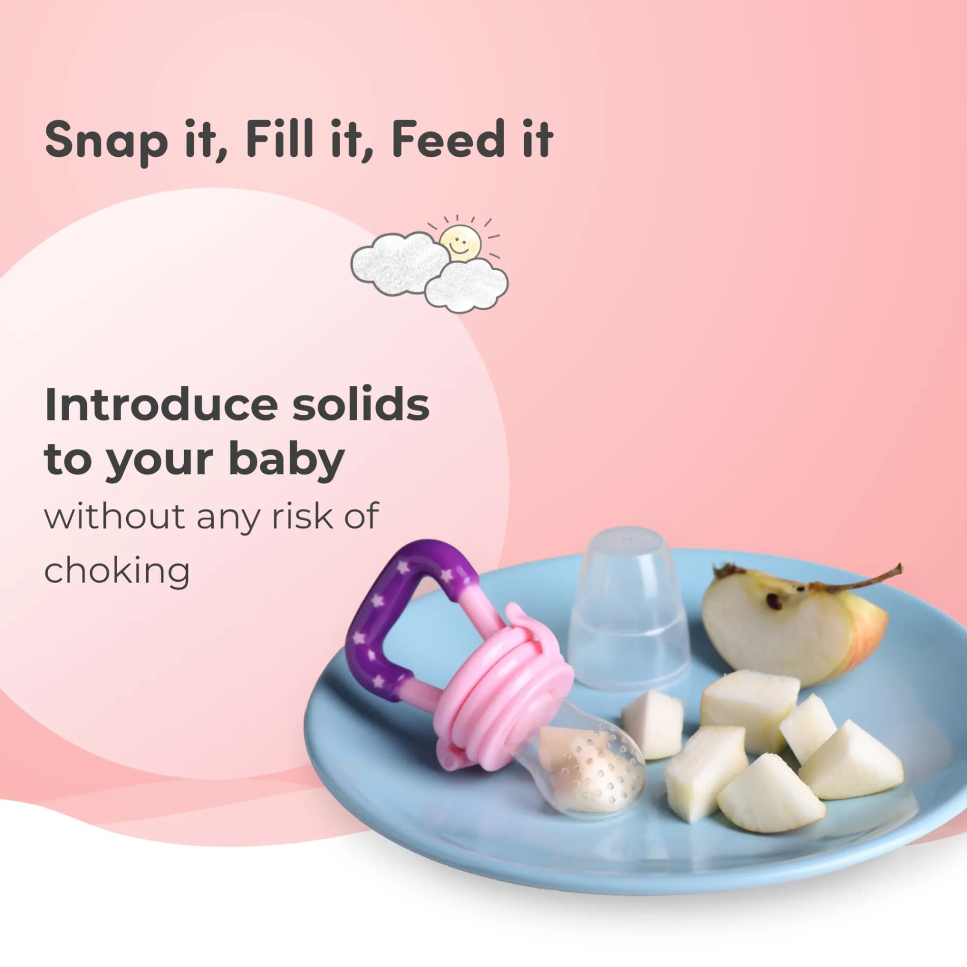Feels Natural Ultra Soft Fruit & Food Nibbler- Pink | Convenient to Introduce Fruits & Veggies to Baby | Ultra-soft Silicone Mesh for Easy Chewing | Easy One Snap Filling | Helps Relieve Teething Discomfort