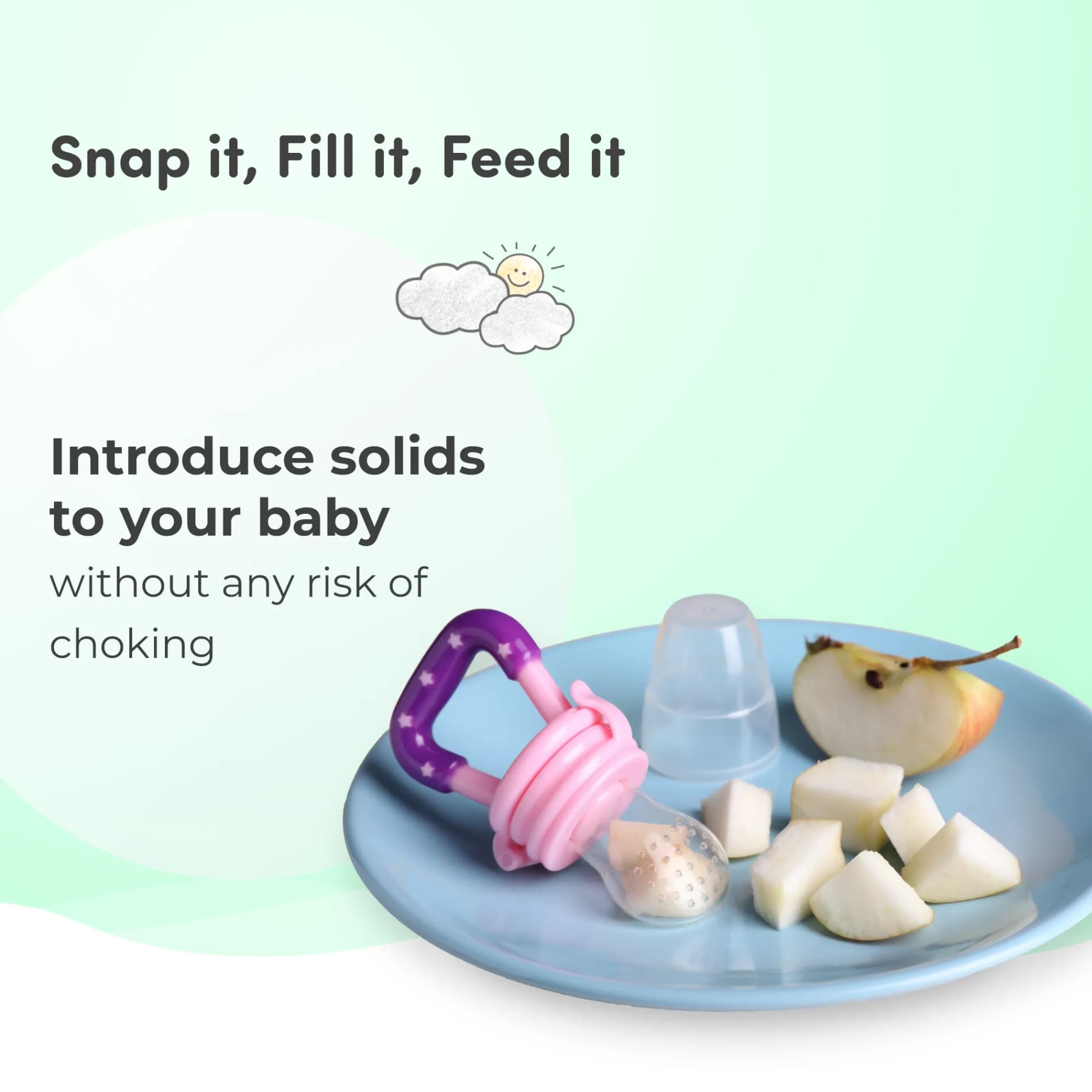 Feels Natural Ultra Soft Fruit & Food Nibbler- Green | Convenient to Introduce Fruits & Veggies to Baby | Ultra-soft Silicone Mesh for Easy Chewing | Easy One Snap Filling | Helps Relieve Teething Discomfort