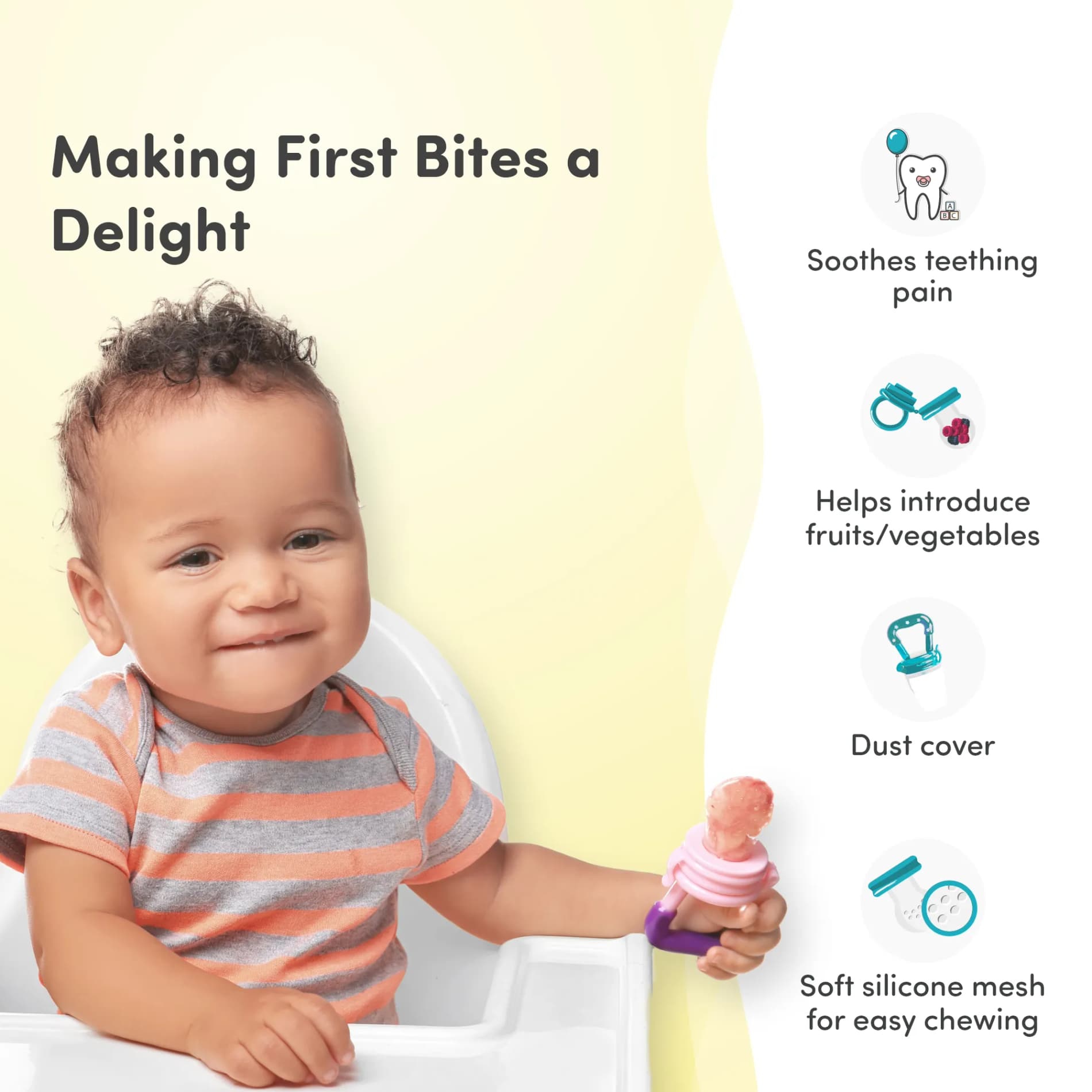 Feels Natural Ultra Soft Fruit & Food Nibbler- Yellow | Convenient to Introduce Fruits & Veggies to Baby | Ultra-soft Silicone Mesh for Easy Chewing | Easy One Snap Filling | Helps Relieve Teething Discomfort