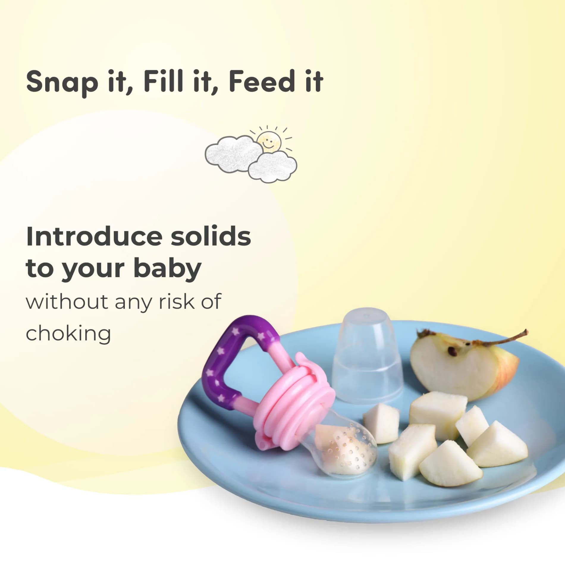 Feels Natural Ultra Soft Fruit & Food Nibbler- Yellow | Convenient to Introduce Fruits & Veggies to Baby | Ultra-soft Silicone Mesh for Easy Chewing | Easy One Snap Filling | Helps Relieve Teething Discomfort