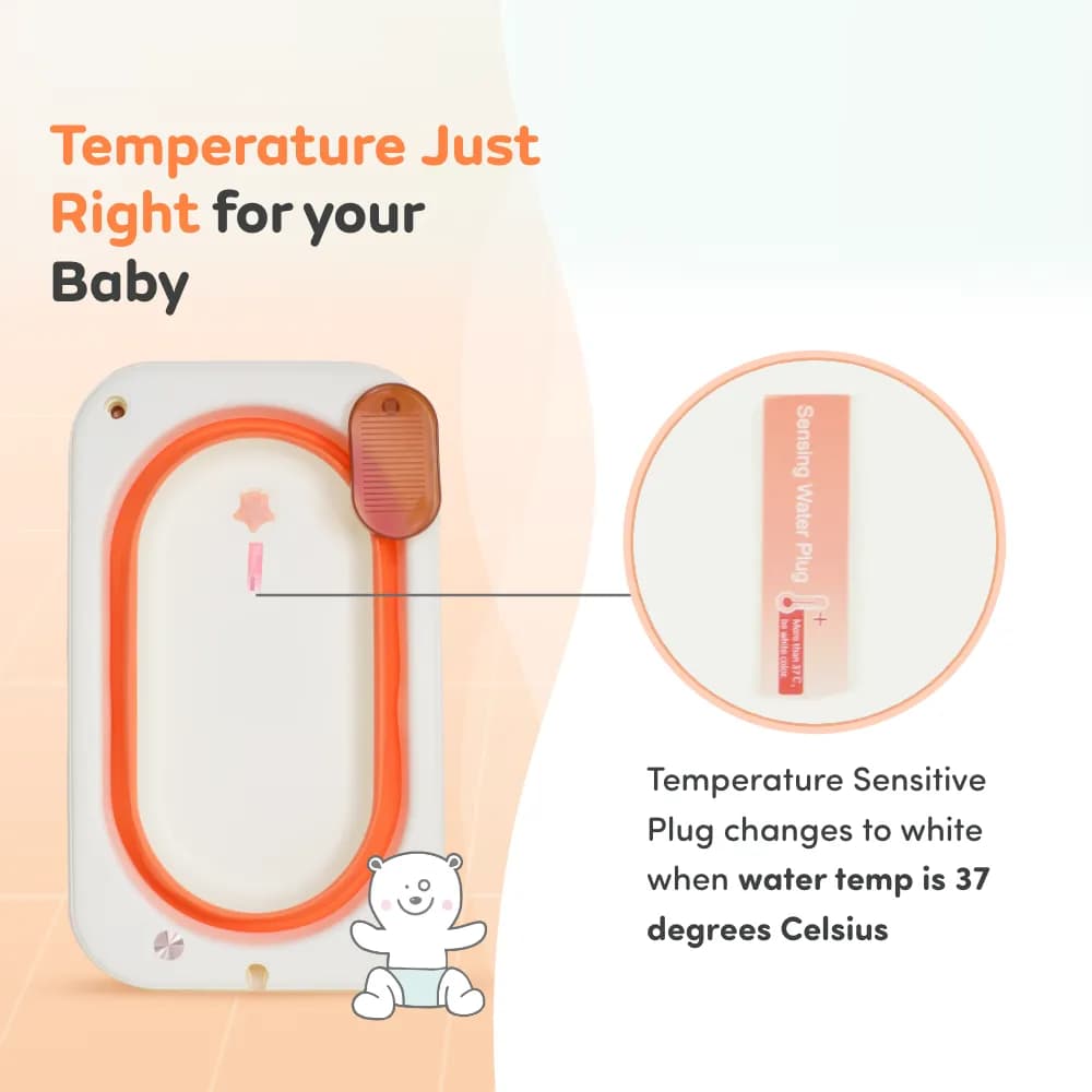 Kenzo 2-in-1 Foldable Bathtub with Temperature Sensor for 6 Months - 3 Years | Up to 20Kgs Weight Capacity | EN Certified (Orange)
