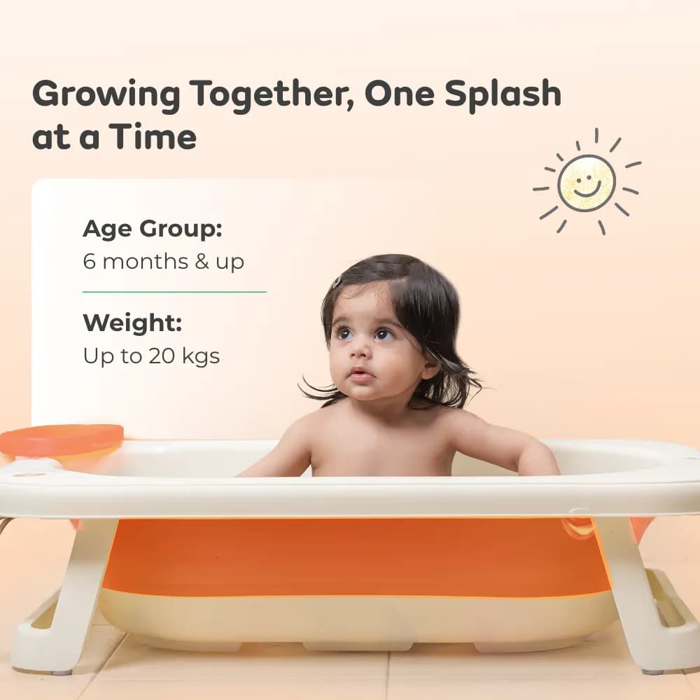 Kenzo 2-in-1 Foldable Bathtub with Temperature Sensor for 6 Months - 3 Years | Up to 20Kgs Weight Capacity | EN Certified (Orange)