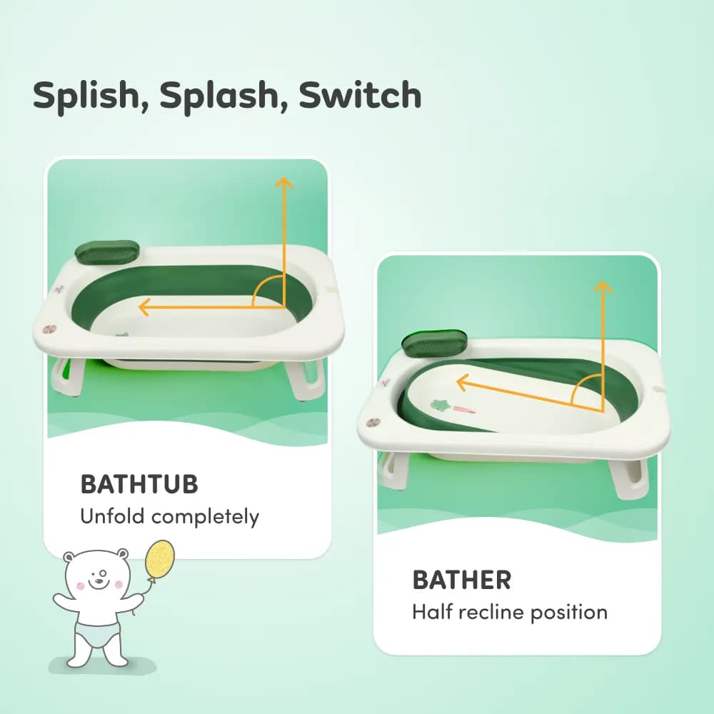 Kenzo 2-in-1 Foldable Bathtub with Temperature Sensor for 6 Months - 3 Years | Up to 20Kgs Weight Capacity | EN Certified (Green)