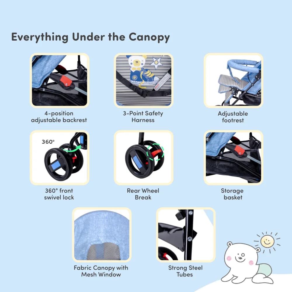 Buddy Ultra-Light Baby Stroller for 0-3 Year | Baby Pram for Toddlers & Kids | 3 Point Safety Harness | 360° Front Wheel Swivel| Umbrella Fold - Blue