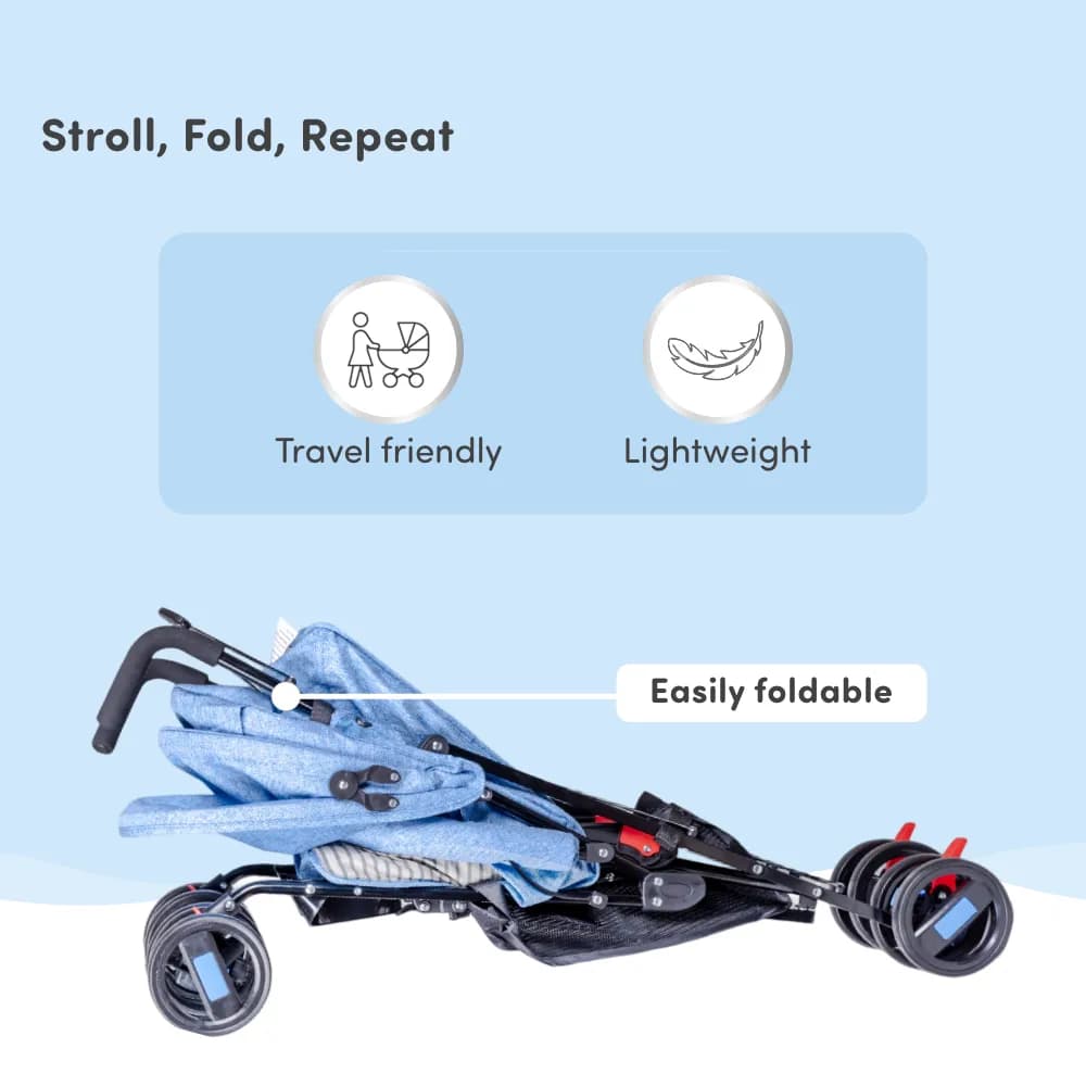 Buddy Ultra-Light Baby Stroller for 0-3 Year | Baby Pram for Toddlers & Kids | 3 Point Safety Harness | 360° Front Wheel Swivel| Umbrella Fold - Blue
