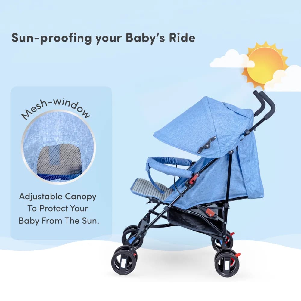 Buddy Ultra-Light Baby Stroller for 0-3 Year | Baby Pram for Toddlers & Kids | 3 Point Safety Harness | 360° Front Wheel Swivel| Umbrella Fold - Blue