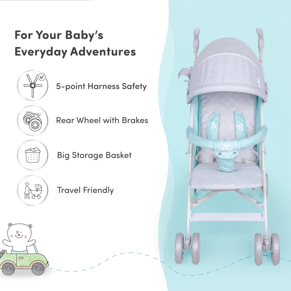 Vista Ultra-Light Baby Stroller for 0-3 Year | Baby Pram for Toddlers & Kids | 5 Point Safety Harness | Front Wheel Swivel Function | Umbrella Fold - Green & Grey