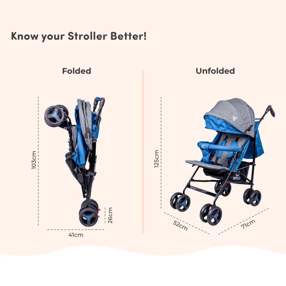 Vista Ultra-Light Baby Stroller for 0-3 Year | Baby Pram for Toddlers & Kids | 5 Point Safety Harness | Front Wheel Swivel Function | Umbrella Fold - Blue & Grey