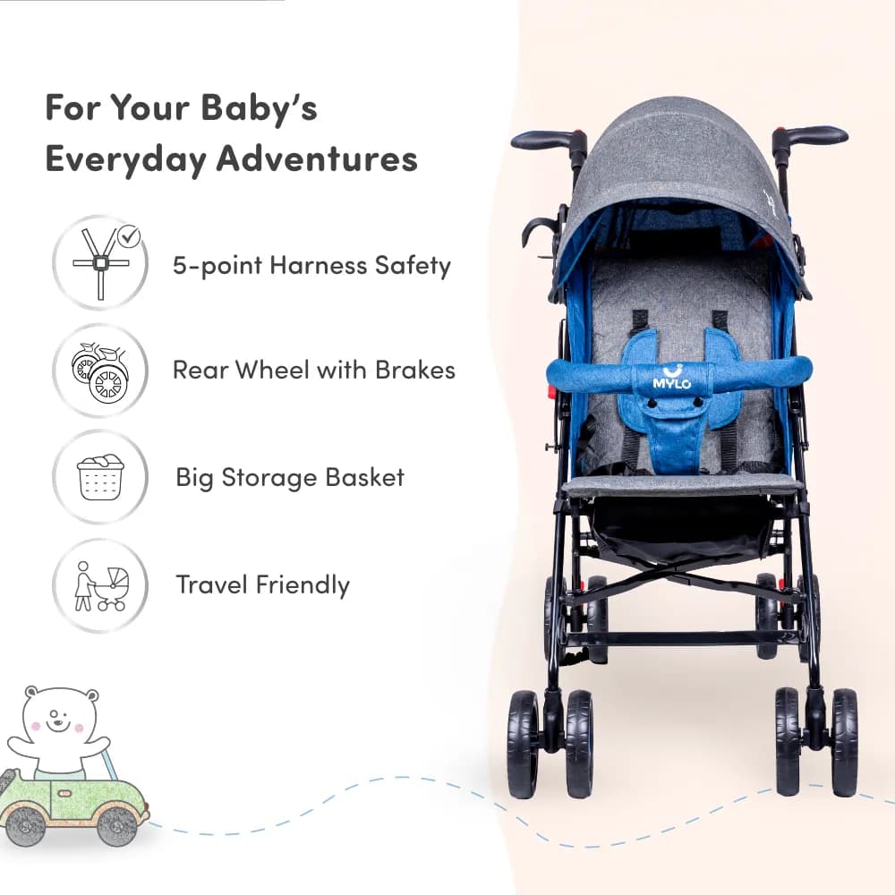 Vista Ultra-Light Baby Stroller for 0-3 Year | Baby Pram for Toddlers & Kids | 5 Point Safety Harness | Front Wheel Swivel Function | Umbrella Fold - Blue & Grey