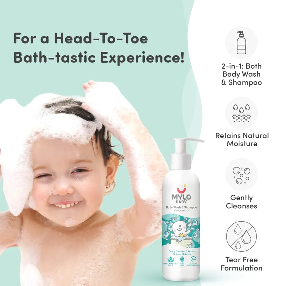 Baby Bath Essentials - Baby Body Wash & Shampoo (200 ml) and Mylo Care Baby Lotion (200 ml) | Tear Free Formulation | 24 Hours Moisturization