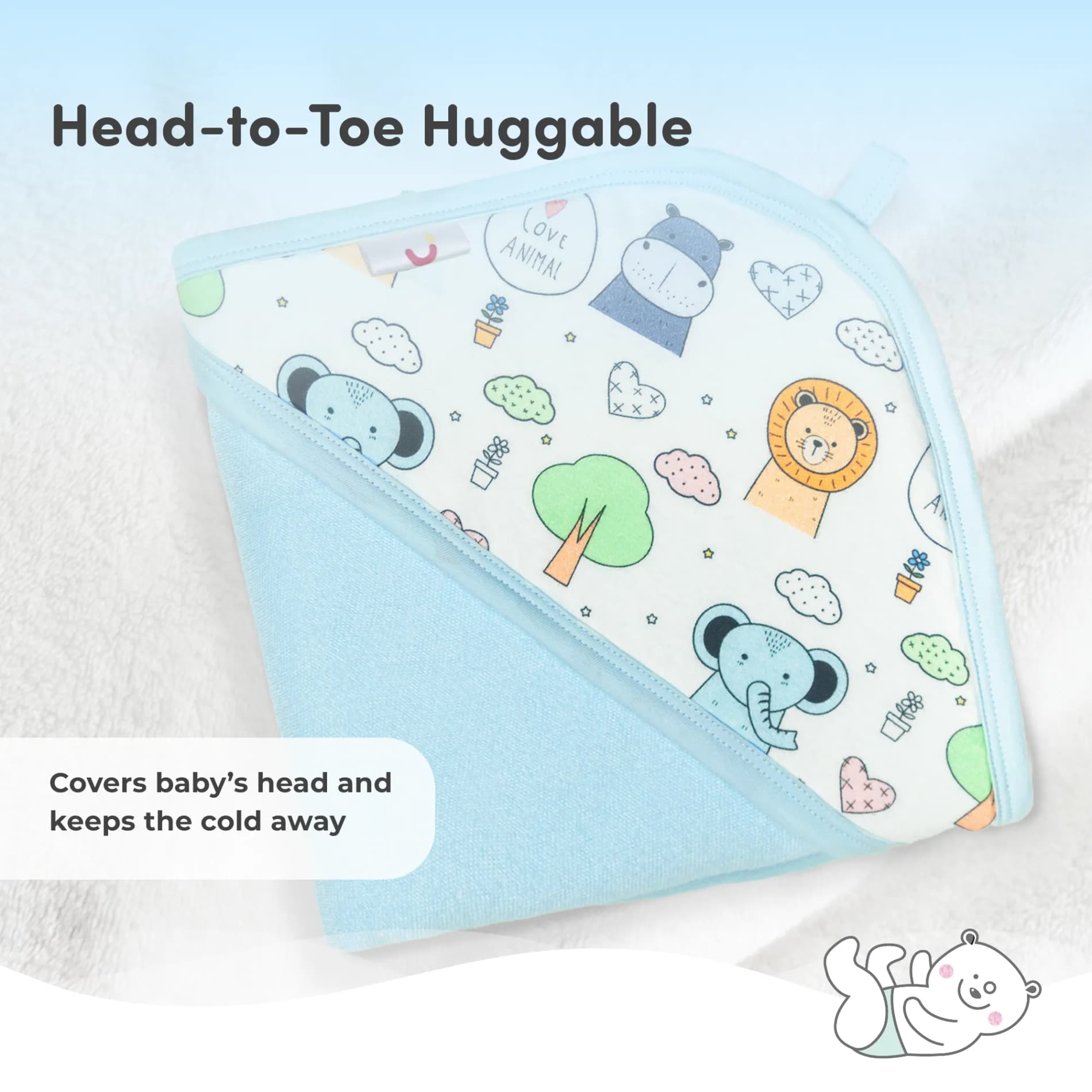Baby Hooded Towel | Soft, Lightweight & Extra Absorbent |Keeps Baby Snug | Dries 3x Faster than Cotton | Baby Safari - Blue (78 cm x 78cm)