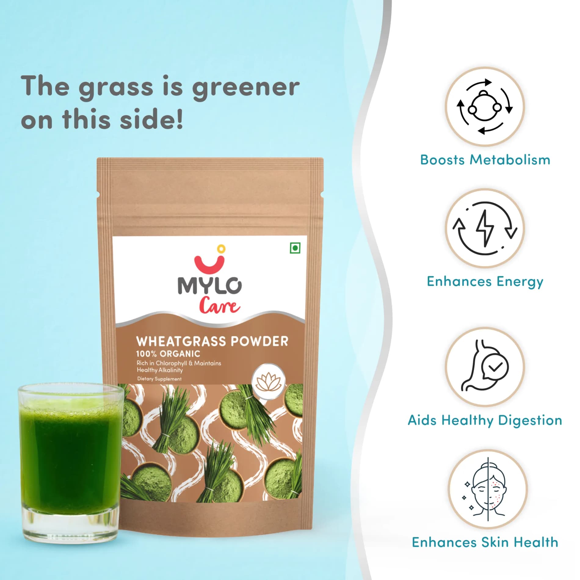 Wheatgrass Powder | 100% Natural Ingredients | Aids Healthy Digestion | Boosts Metabolism | Clinically Tested - (100gm)