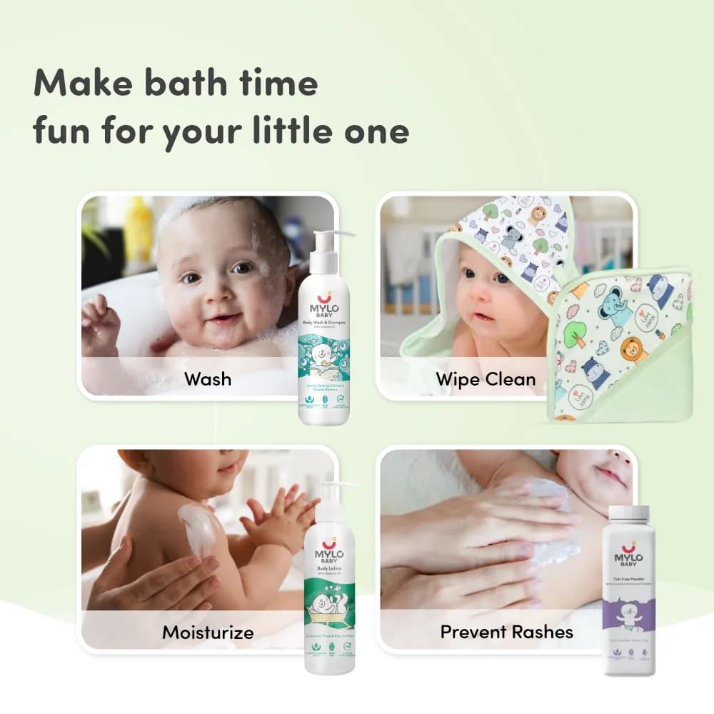 Baby Bathing Super Saver Combo - Body Wash & Shampoo, Towel, Lotion & Powder