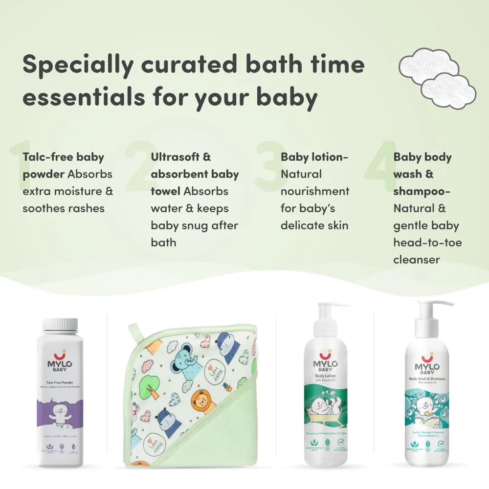 Baby Bathing Super Saver Combo - Body Wash & Shampoo, Towel, Lotion & Powder