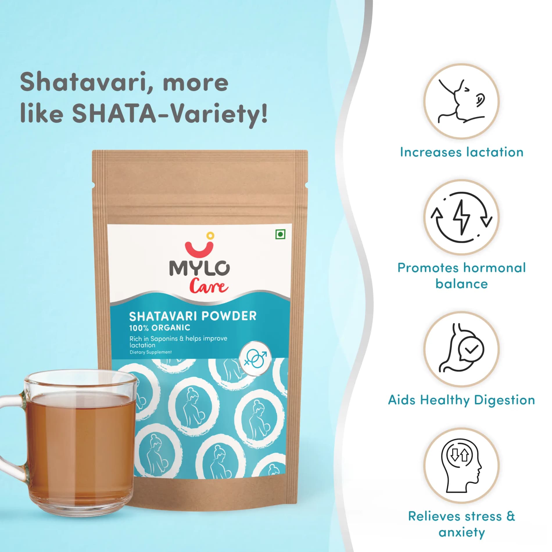 Mylo Care Shatavari Powder for Women | Improves Lactation | Promotes Hormonal Balance | Relieves Stress & Anxiety | Clinically Tested - 200 gm
