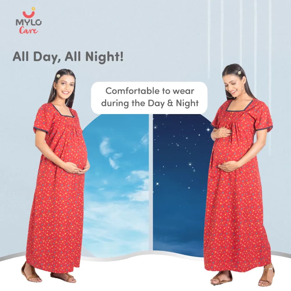 Maternity Dresses For Women with Both Side Zipper For Easy Feeding | Adjustable Belt for Growing Belly | Maxi Nighty Dress | Liberty Red | L