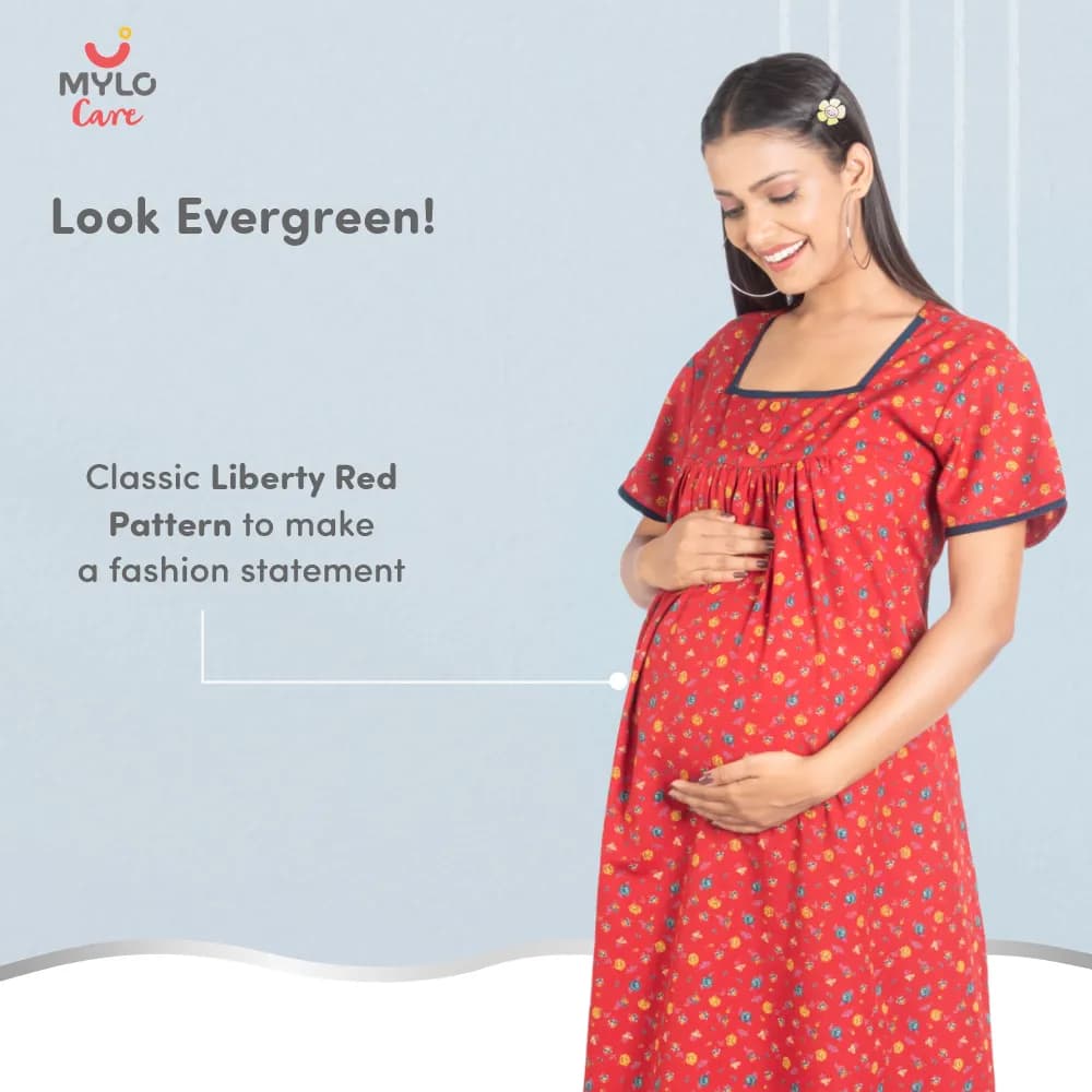 Maternity Dresses For Women with Both Side Zipper For Easy Feeding | Adjustable Belt for Growing Belly | Maxi Nighty Dress | Liberty Red | L