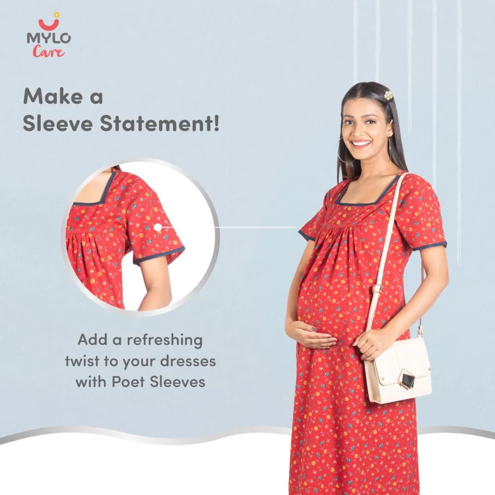 Maternity Dresses For Women with Both Side Zipper For Easy Feeding | Adjustable Belt for Growing Belly | Maxi Nighty Dress | Liberty Red | L