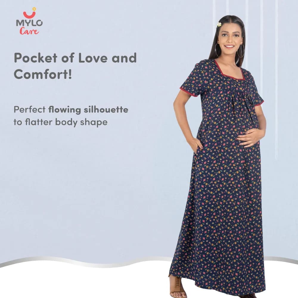 Maternity Dresses For Women with Both Side Zipper For Easy Feeding | Adjustable Belt for Growing Belly | Maxi Nighty Dress | Liberty Navy | L