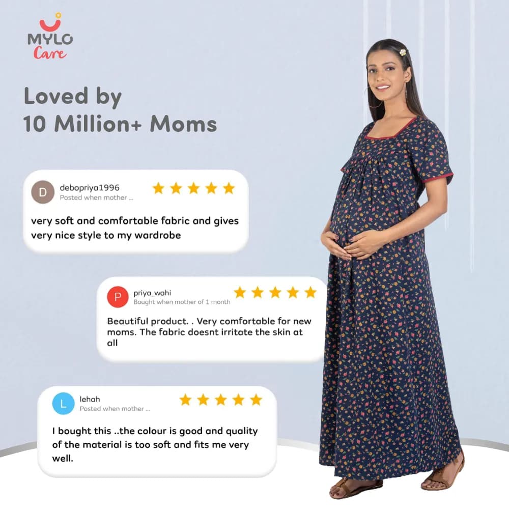 Maternity Dresses For Women with Both Side Zipper For Easy Feeding | Adjustable Belt for Growing Belly | Maxi Nighty Dress | Liberty Navy | L