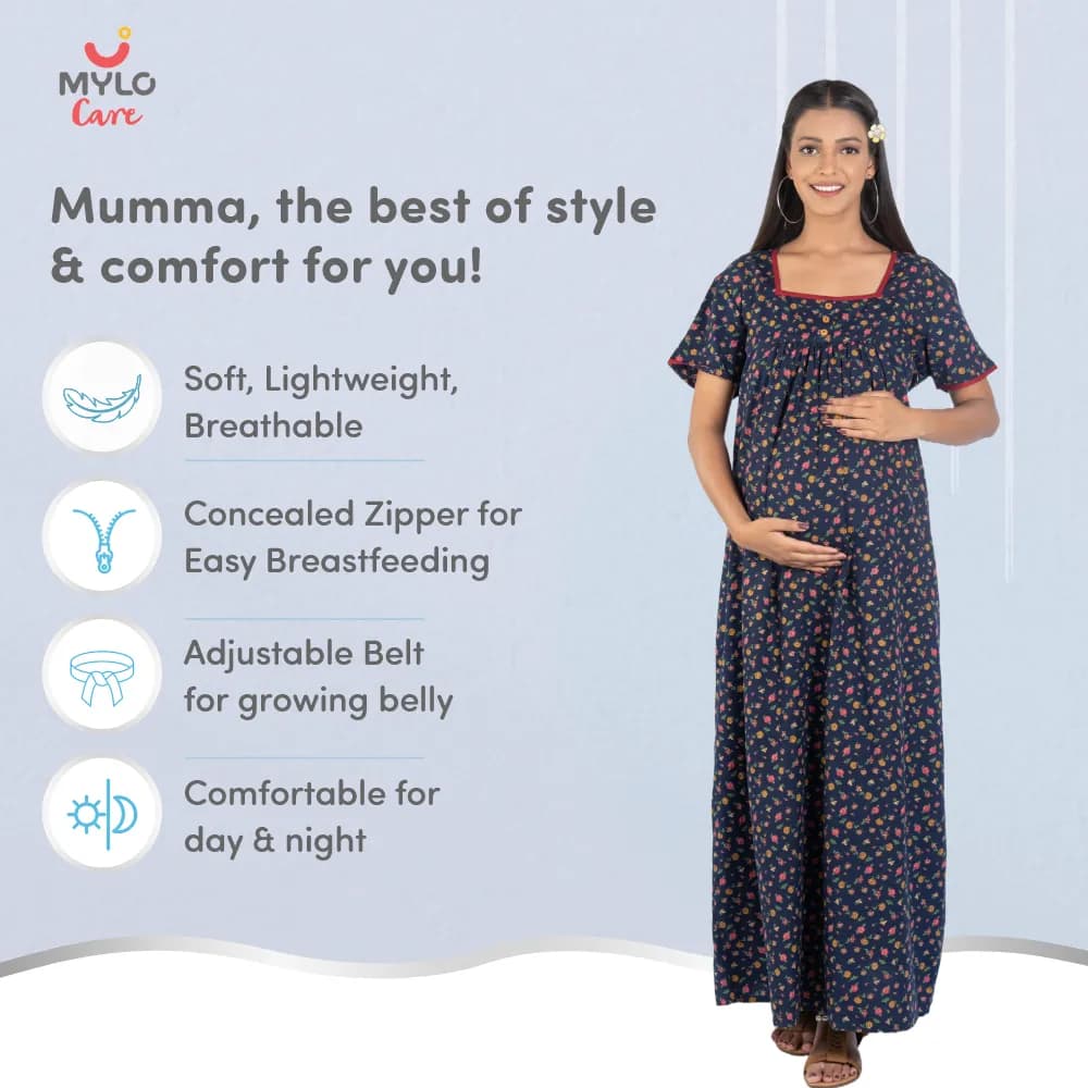 Maternity Dresses For Women with Both Side Zipper For Easy Feeding | Adjustable Belt for Growing Belly | Maxi Nighty Dress | Liberty Navy | L