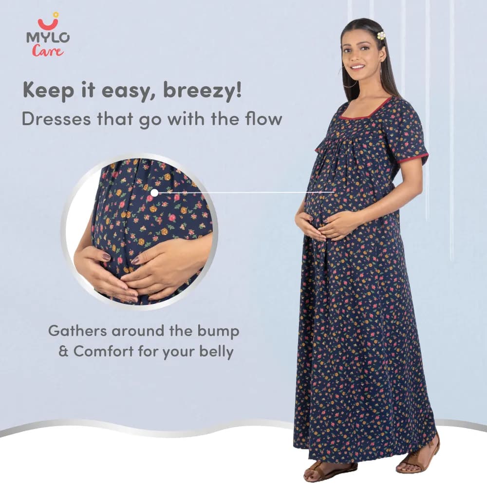 Maternity Dresses For Women with Both Side Zipper For Easy Feeding | Adjustable Belt for Growing Belly | Maxi Nighty Dress | Liberty Navy | L