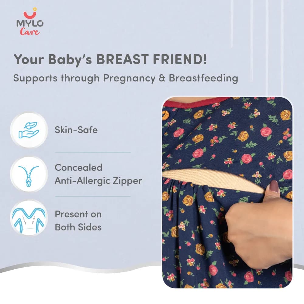 Maternity Dresses For Women with Both Side Zipper For Easy Feeding | Adjustable Belt for Growing Belly | Maxi Nighty Dress | Liberty Navy | L