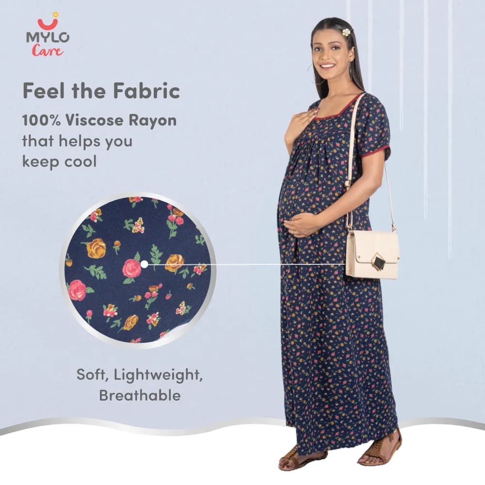Maternity Dresses For Women with Both Side Zipper For Easy Feeding | Adjustable Belt for Growing Belly | Maxi Nighty Dress | Liberty Navy | L