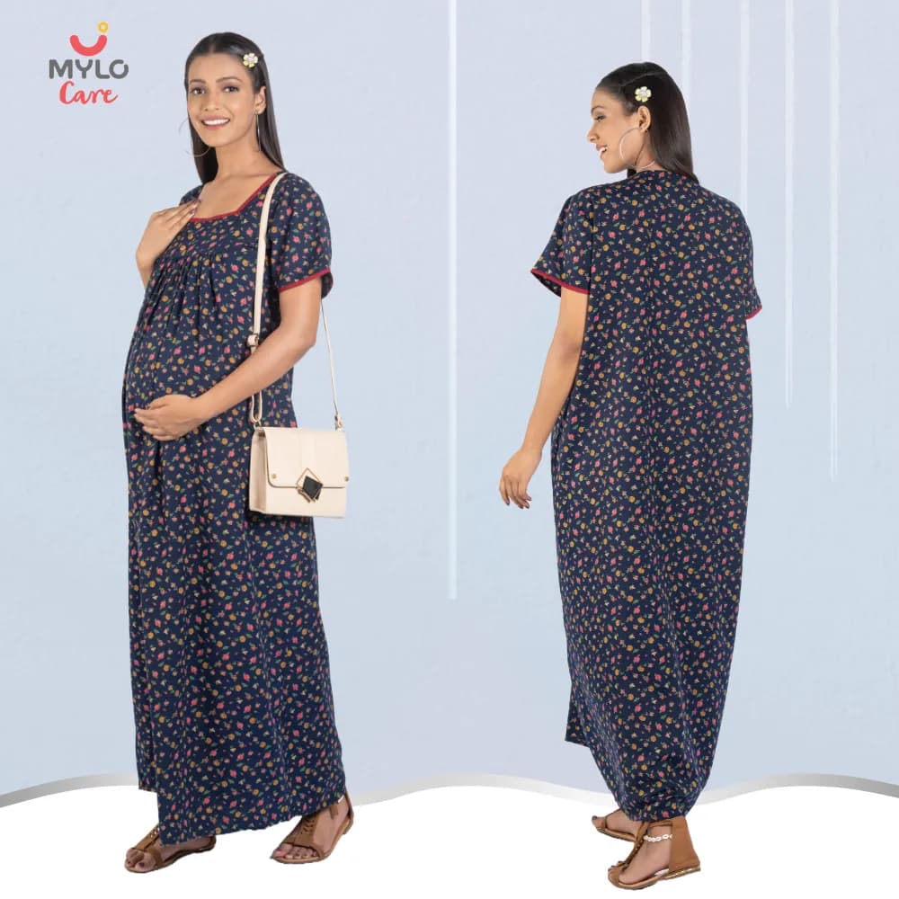 Maternity Dresses For Women with Both Side Zipper For Easy Feeding | Adjustable Belt for Growing Belly | Maxi Nighty Dress | Liberty Navy | L
