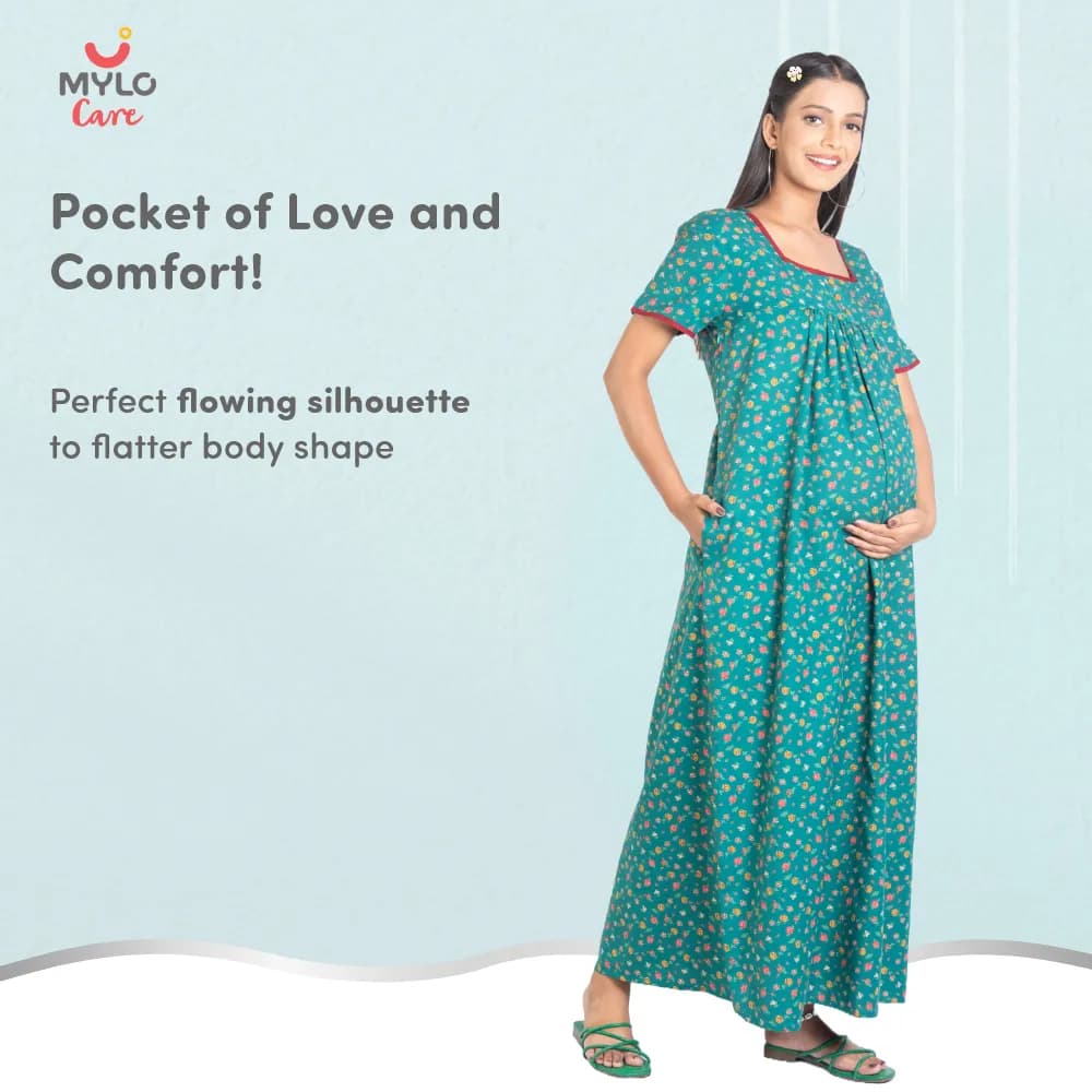 Maternity Dresses For Women with Both Side Zipper For Easy Feeding | Adjustable Belt for Growing Belly | Maxi Nighty Dress | Liberty Green | L