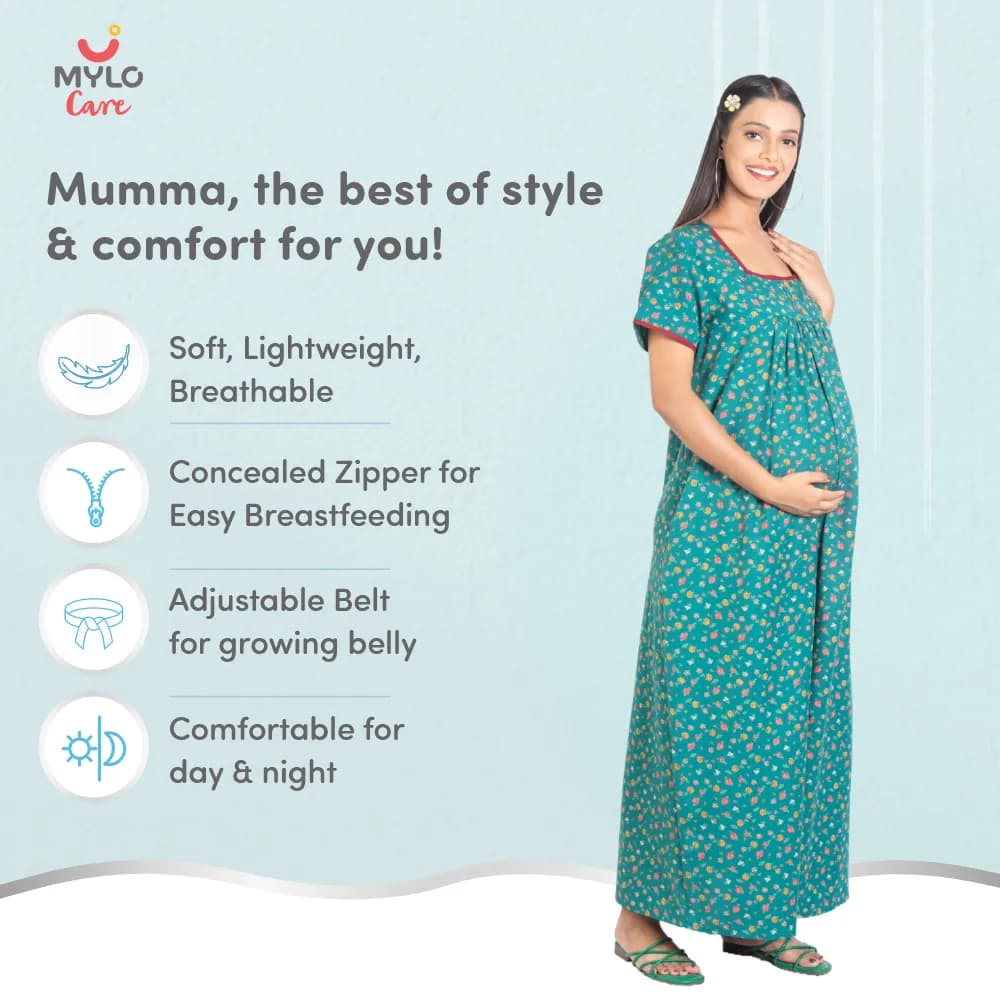 Maternity Dresses For Women with Both Side Zipper For Easy Feeding | Adjustable Belt for Growing Belly | Maxi Nighty Dress | Liberty Green | L