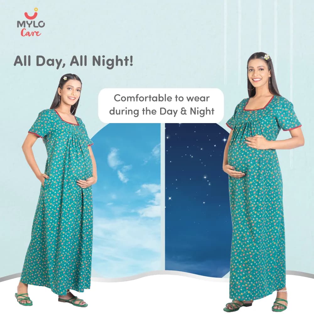 Maternity Dresses For Women with Both Side Zipper For Easy Feeding | Adjustable Belt for Growing Belly | Maxi Nighty Dress | Liberty Green | L