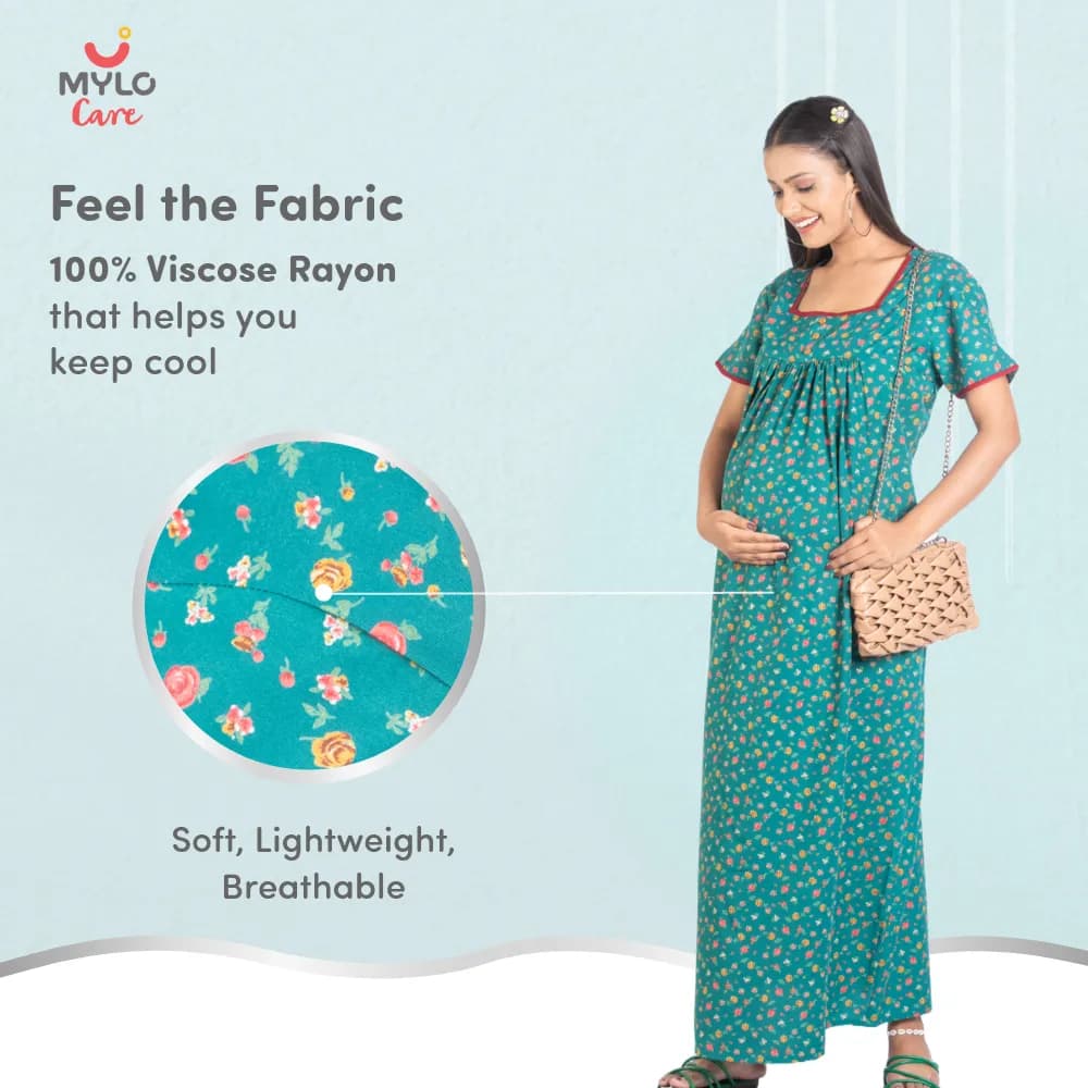 Maternity Dresses For Women with Both Side Zipper For Easy Feeding | Adjustable Belt for Growing Belly | Maxi Nighty Dress | Liberty Green | L