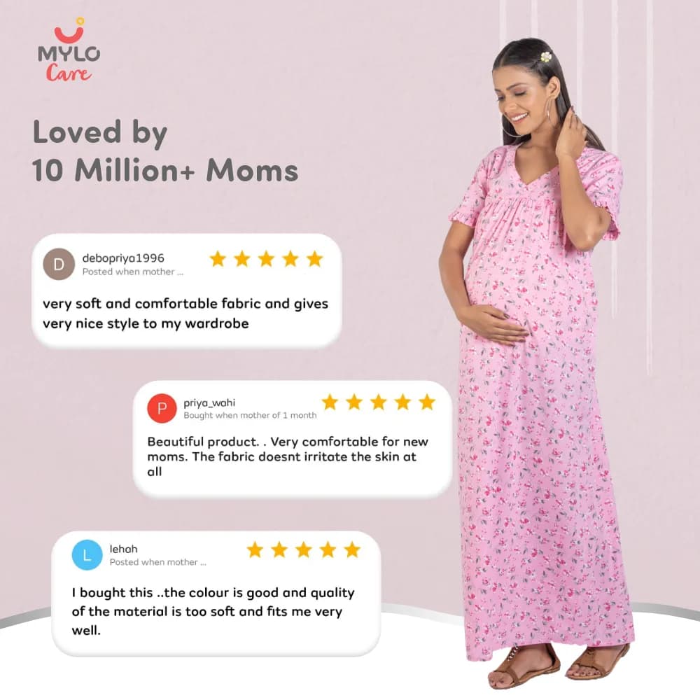 Maternity Dresses For Women with Both Side Zipper For Easy Feeding | Adjustable Belt for Growing Belly | Maxi Nighty Dress | Pink Peony | L