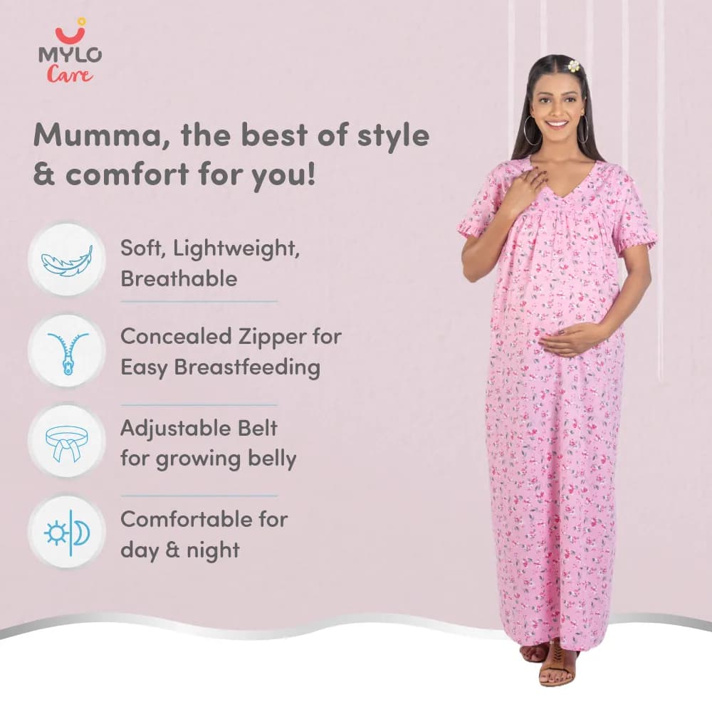 Maternity Dresses For Women with Both Side Zipper For Easy Feeding | Adjustable Belt for Growing Belly | Maxi Nighty Dress | Pink Peony | L